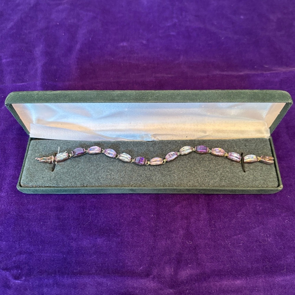 925 Silver Multicolored Amethyst Cushion Barrel Cut Iridescent Tennis Bracelet